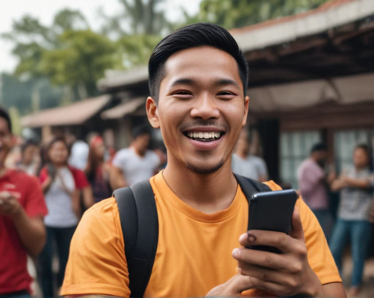 An Indonesian man holding a smartphone. He's happy and cheering.