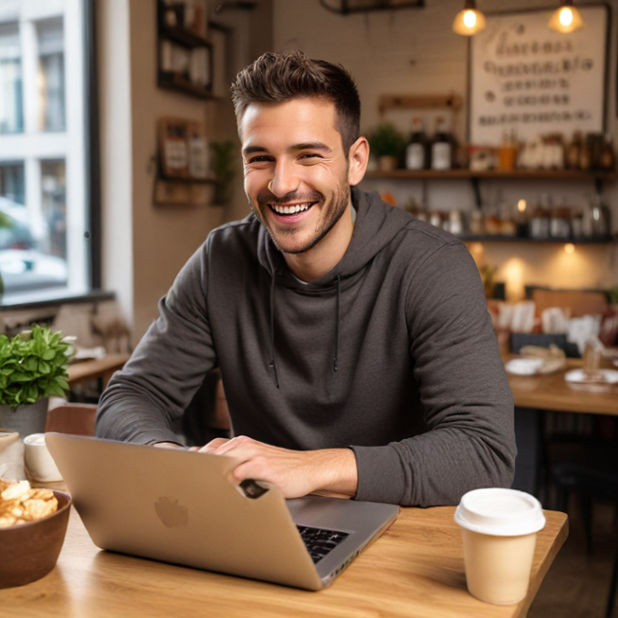 A man sitting at a cozy café table, using his laptop, smiling with excitement like he just won a game, surrounded by a lively atmosphere with coffee and snacks.