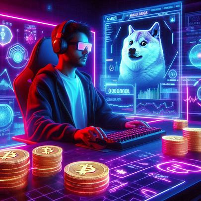 Gamer in a neon-lit room with holographic displays of Maxi Doge tokens 