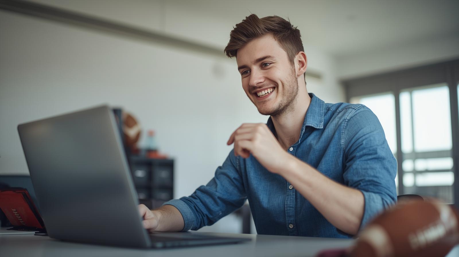 Happy British gambler enjoying non UK casinos sports betting on bright laptop.