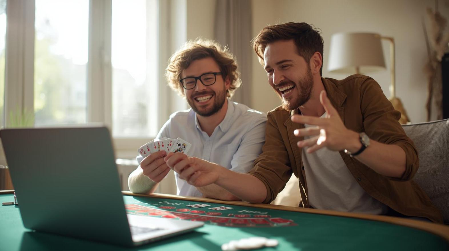 Two friends smiling while playing live dealer blackjack on blurred laptop screen.