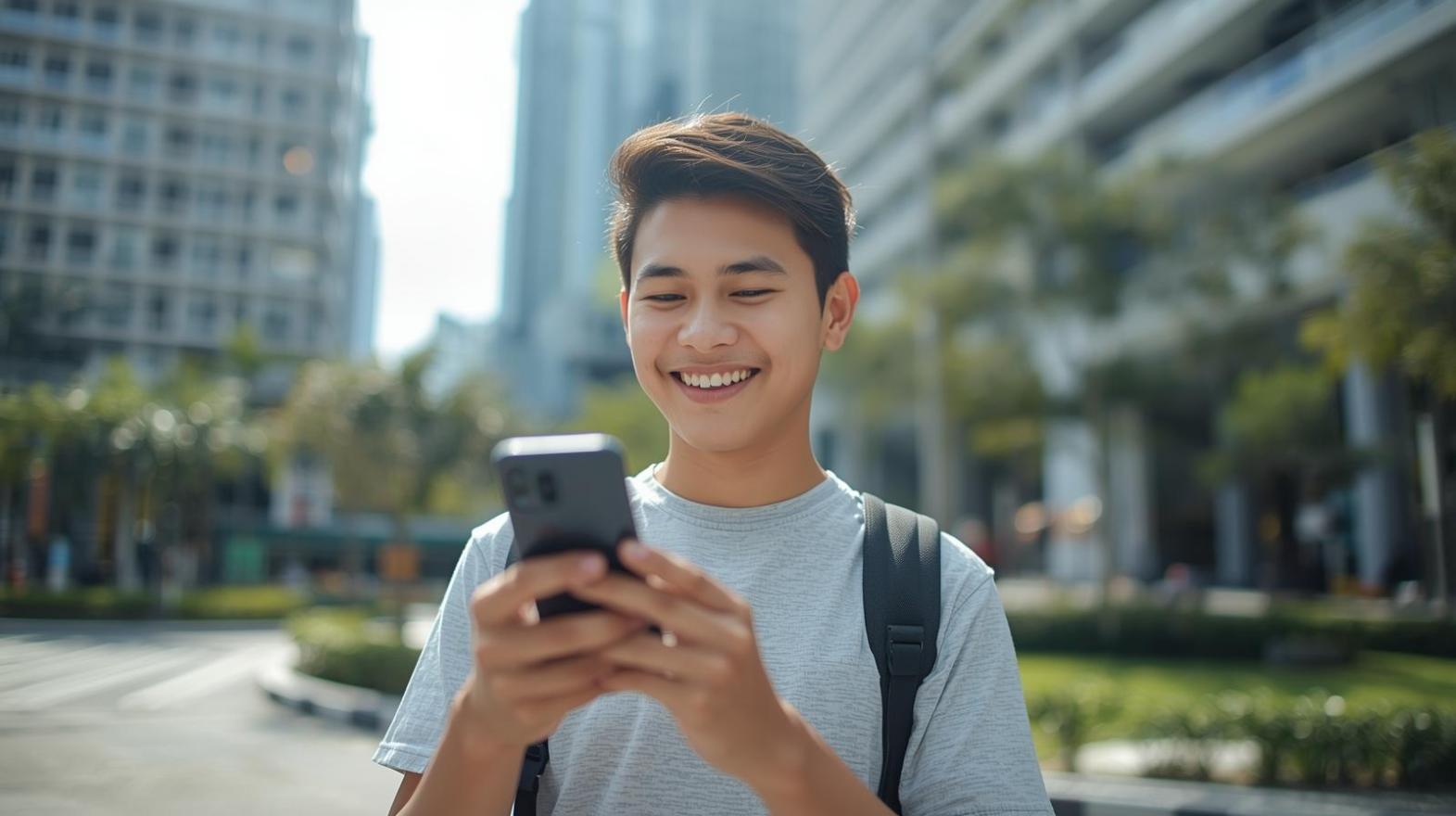 Young Indonesian gamer enjoying mobile entertainment outdoors in a bright, relaxed urban setting.