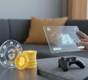 a holographic screen showing symbols of gaming with joy stick in front of it and symbols of cryptocurrencies are at the side in a holographic image as well