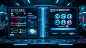 A futuristic digital gaming dashboard showing live football match statistics on one side and a lottery number generation interface on the other, with glowing data streams, real-time analytics charts, and a modern cyber aesthetic
